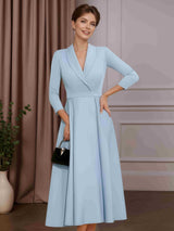 A-Line/Princess V-Neck 3/4 Length Sleeves Tea-Length Mother of the Bride Dresses