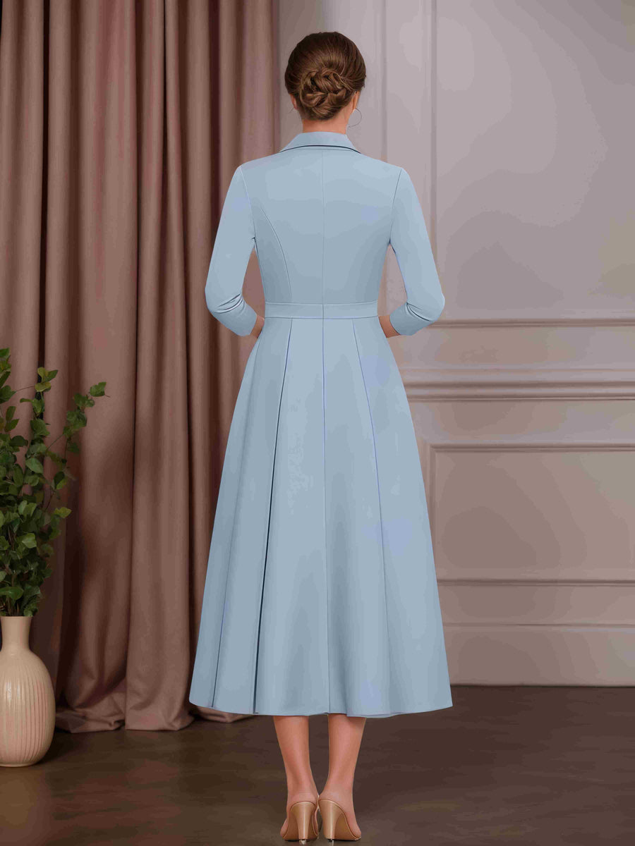 Sky Blue A-Line/Princess V-Neck 3/4 Length Sleeves Tea-Length Mother of the Bride Dresses