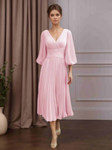 A-Line/Princess V-Neck 3/4 Length Sleeves Tea-Length Mother of the Bride Dresses with Pleats