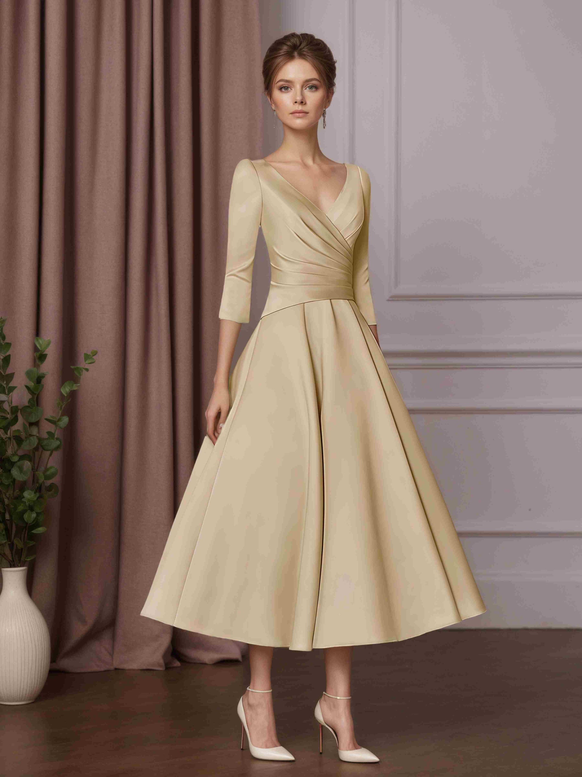 A-Line/Princess V-Neck 3/4 Length Sleeves Tea-Length Mother of the Bri   mollyevers.com