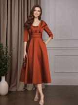 A-Line/Princess V-Neck 3/4 Length Sleeves Tea-Length Satin Mother of the Bride Dresses with Ruched