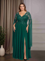 A-Line/Princess V-Neck Half Flutter Sleeves Floor-Length Plus Size Mother of the Bride Dresses with Split Side & Appliques