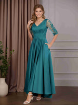 A-Line/Princess V-Neck Half Sleeves Asymmetrical Mother of the Bride Dresses with Appliques & Pockets