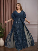 A-Line/Princess V-Neck Half Sleeves Floor-Length Plus Size Mother of the Bride Dresses with Sequins & Ruffles