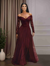 A-Line/Princess V-Neck Long Sleeves Floor-Length Mother of the Bride Dresses with Lace Appliques