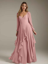 A-Line/Princess V-Neck Long Sleeves Floor-Length Long Bridesmaid Dresses with Ruffles