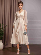 A-Line/Princess V-Neck Long Sleeves Tea-Length Mother of the Bride Dresses with Ruffles
