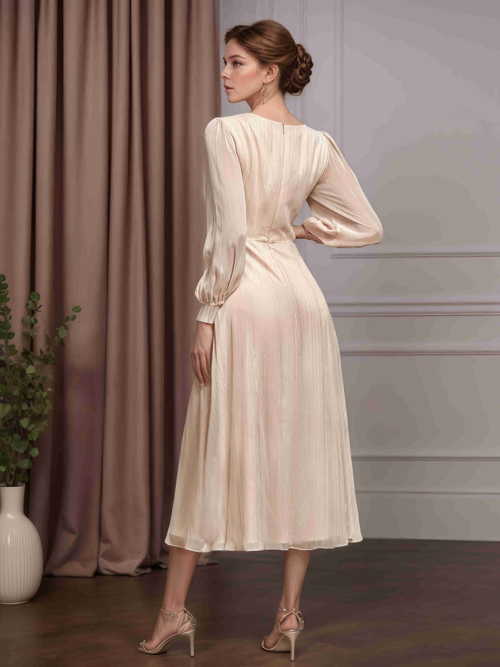 A-Line/Princess V-Neck Long Sleeves Tea-Length Mother of the Bride Dre –