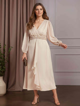 A-Line/Princess V-Neck Long Sleeves Tea-Length Plus Size Mother of the Bride Dresses with Ruffles