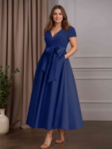 A-Line/Princess V-Neck Short Sleeves Ankle-Length Plus Size Mother of the Bride Dresses With Pockets,Bowknot & Ruffles