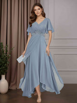 A-Line/Princess V-Neck Short Sleeves Asymmetrical Mother of the Bride Dresses with Ruched & Appliques