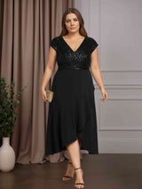 A-Line/Princess V-Neck Short Sleeves Asymmetrical Plus Size Mother of the Bride Dresses with Sequins