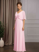 A-Line/Princess V-Neck Short Sleeves Floor-Length Mother of the Bride Dresses with Ruffles