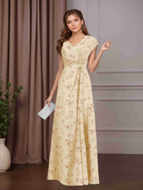 A-Line/Princess V-Neck Short Sleeves Floor-Length Floral Mother of the Bride Dresses with Pleats & Beads