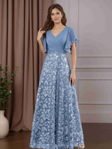 A-Line/Princess V-Neck Short Sleeves Floor-Length Mother of the Bride Dresses with Sequins & Ruched