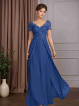 A-Line/Princess V-Neck Short Sleeves Floor-Length Mother of the Bride Dresses with Overskirt & Lace Appliques