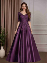 A-Line/Princess V-Neck Short Sleeves Floor-Length Satin Mother of the Bride Dresses with Lace Appliques