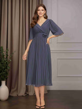 A-Line/Princess V-Neck Short Sleeves Tea-Length Chiffon Mother of the Bride Dresses with Pleated & 3D Floral Flowers