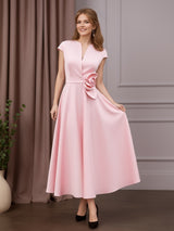 A-Line/Princess V-Neck Short Sleeves Tea-Length Mother of the Bride Dresses with Flowers