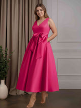 A-Line/Princess V-Neck Sleeveless Ankle-Length Plus Size Mother of the Bride Dresses with Pockets & Ruffles