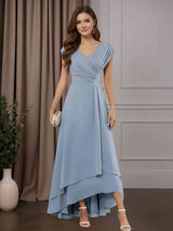 A-Line/Princess V-Neck Sleeveless Asymmetrical Mother of the Bride Dresses with Pleats & Beads