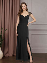 A-Line/Princess V-Neck Sleeveless Floor-Length Mother of the Bride Dresses with Beaded, Pleated & Split Side