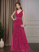 A-Line/Princess V-Neck Sleeveless Floor-Length Mother of the Bride Dresses with Beaded & Sequins