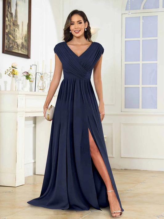 A-Line/Princess V-Neck Sleeveless Floor-Length Mother of the Bride Dresses with Ruffles & Split Side
