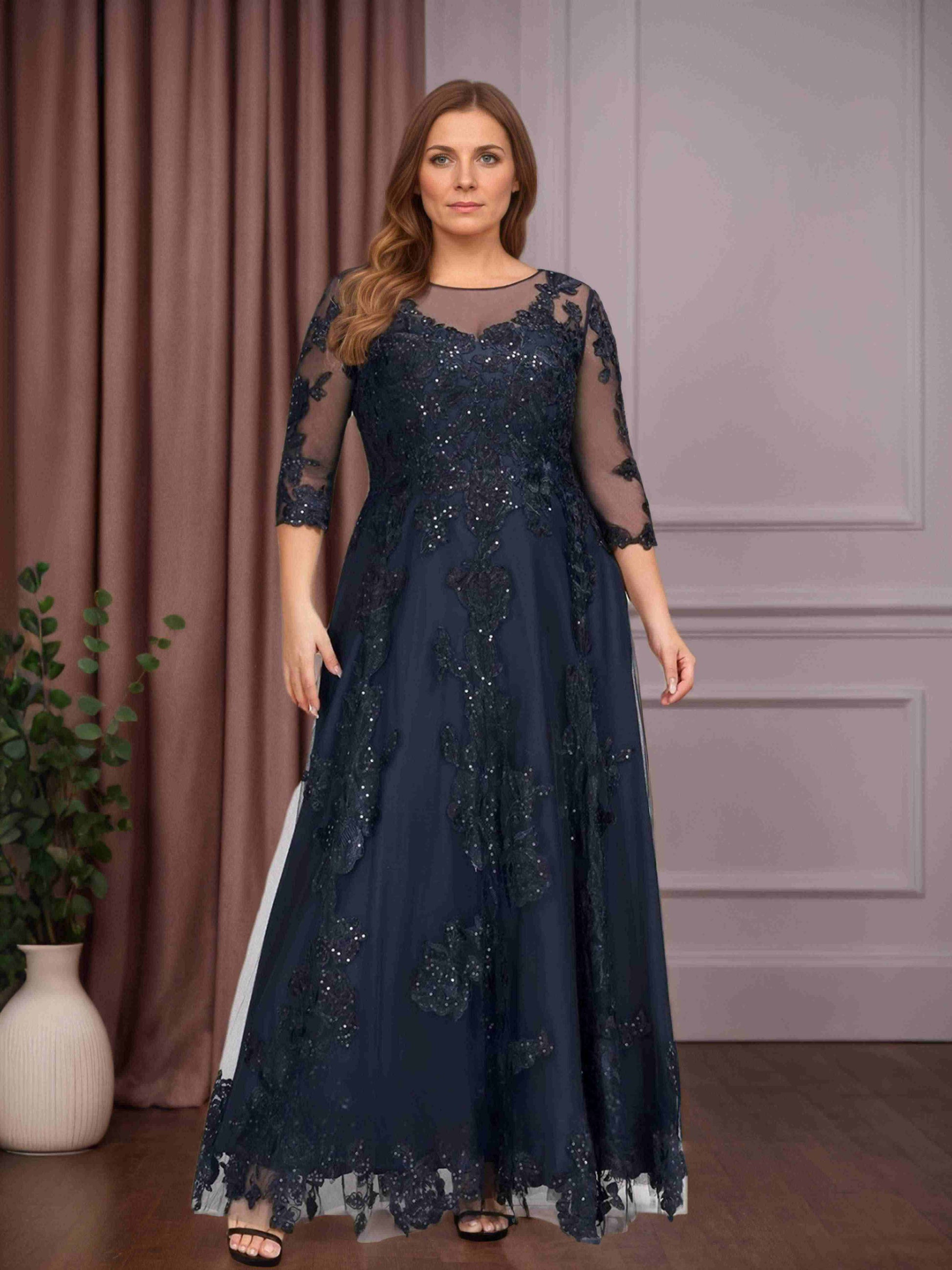 A-Line/Princess Scoop Neck 3/4 Length Sleeves Floor-Length Plus Size M mollyevers.com A-Line/Princess Scoop Neck 3/4 Length Sleeves Floor-Length Plus Size M mollyevers.com