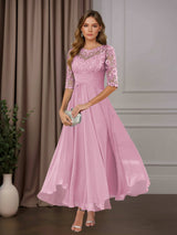 Free Shipping A-Line Scoop Neck Chiffon Mother of the Bride Dress Tea Length with Ruffles and Appliques
