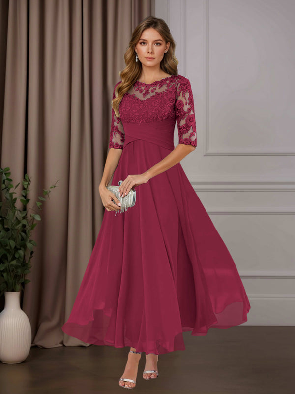Cinnamon Rose Free Shipping A-Line Scoop Neck Chiffon Mother of the Bride Dress Tea Length with Ruffles and Appliques