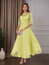 Free Shipping A-Line Scoop Neck Chiffon Mother of the Bride Dress Tea Length with Ruffles and Appliques