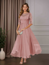 Free Shipping A-Line Scoop Neck Chiffon Mother of the Bride Dress Tea Length with Ruffles and Appliques