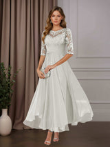 Free Shipping A-Line Scoop Neck Chiffon Mother of the Bride Dress Tea Length with Ruffles and Appliques