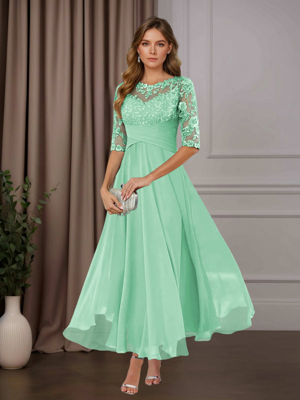 Mint Green Free Shipping A-Line Scoop Neck Chiffon Mother of the Bride Dress Tea Length with Ruffles and Appliques