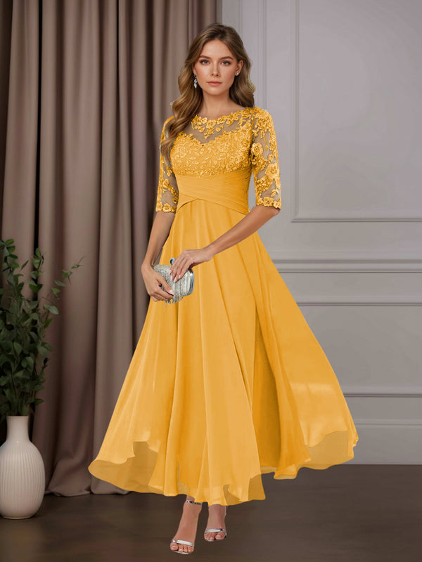 Mustard Free Shipping A-Line Scoop Neck Chiffon Mother of the Bride Dress Tea Length with Ruffles and Appliques