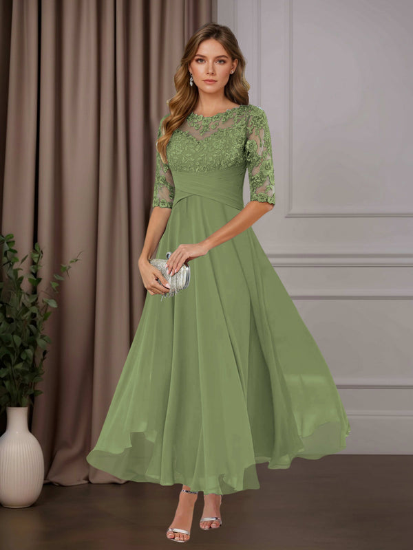 Olive Green Free Shipping A-Line Scoop Neck Chiffon Mother of the Bride Dress Tea Length with Ruffles and Appliques