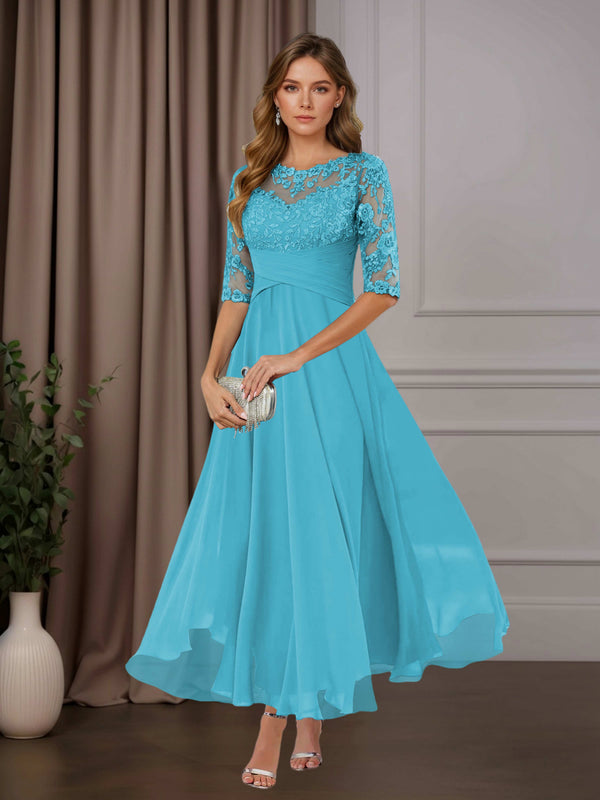 Pool Free Shipping A-Line Scoop Neck Chiffon Mother of the Bride Dress Tea Length with Ruffles and Appliques