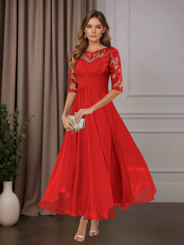 Red Free Shipping A-Line Scoop Neck Chiffon Mother of the Bride Dress Tea Length with Ruffles and Appliques