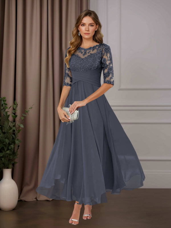 Stormy Free Shipping A-Line Scoop Neck Chiffon Mother of the Bride Dress Tea Length with Ruffles and Appliques