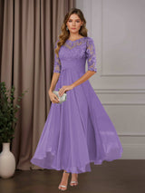 Free Shipping A-Line Scoop Neck Chiffon Mother of the Bride Dress Tea Length with Ruffles and Appliques