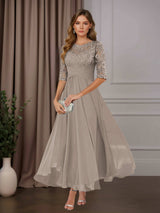 Free Shipping A-Line Scoop Neck Chiffon Mother of the Bride Dress Tea Length with Ruffles and Appliques