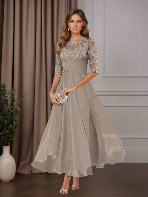 Taupe Free Shipping A-Line Scoop Neck Chiffon Mother of the Bride Dress Tea Length with Ruffles and Appliques