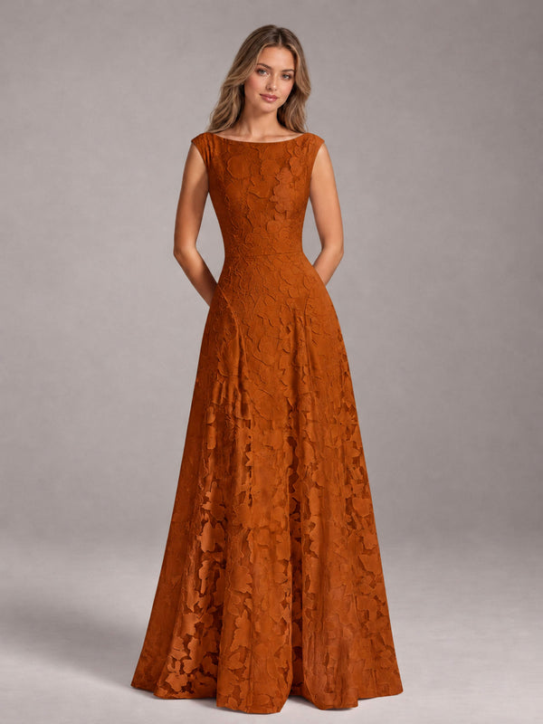 Burnt Orange A-Line Scoop Neck Sleeveless Floral Lace Floor Length Bridesmaid Dress