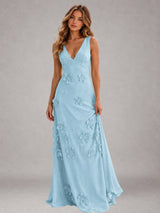 Free Shipping A-Line Sleeveless V-Neck Floor-Length Formal Dresses with 3D Floral Flowers