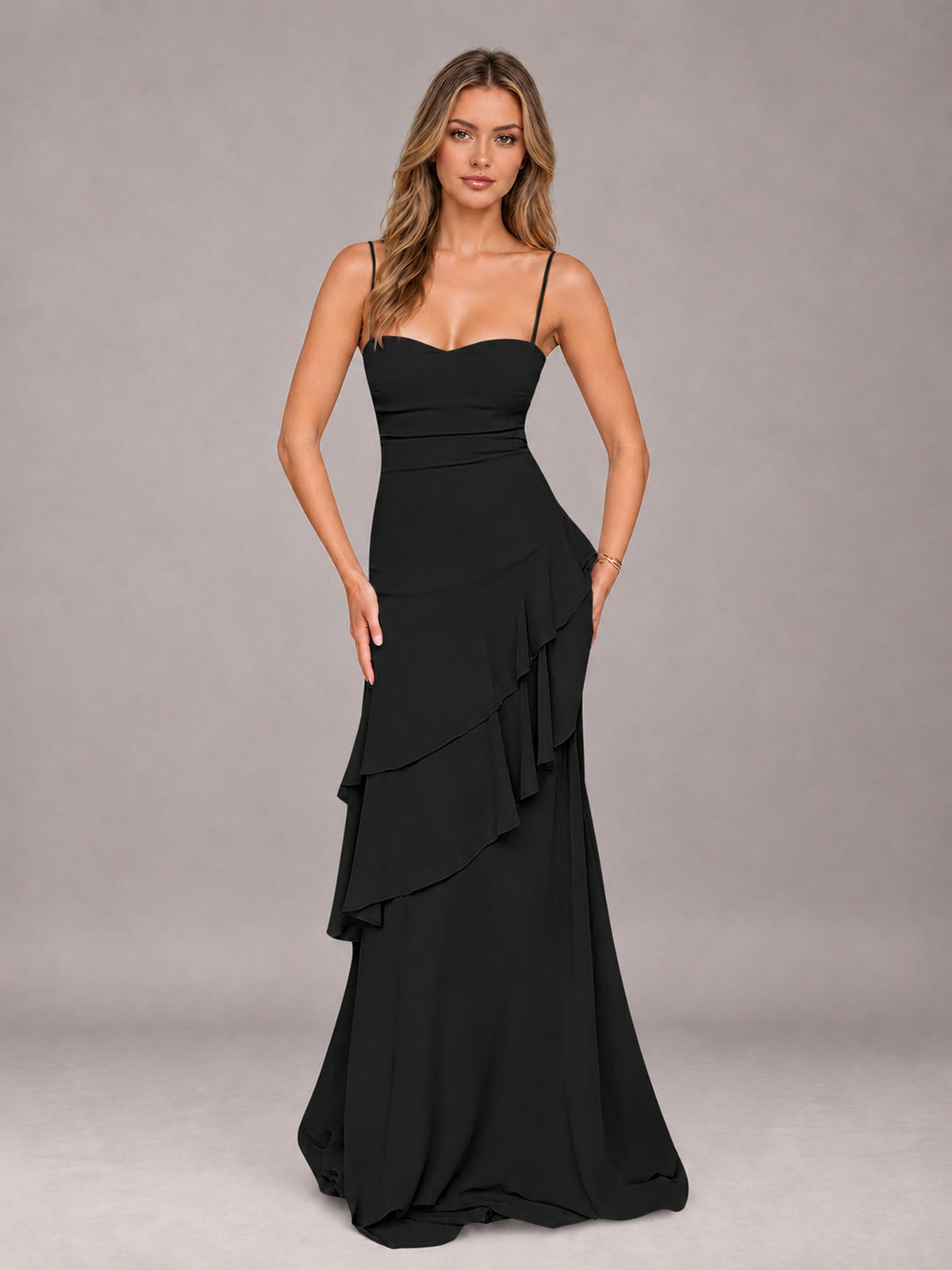 Black A-Line Spaghetti Strap Chiffon Floor Length Bridesmaid Dress