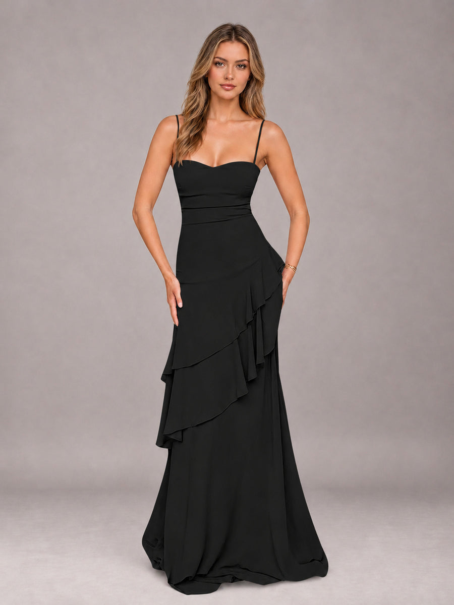 Black A-Line Spaghetti Strap Chiffon Floor Length Bridesmaid Dress