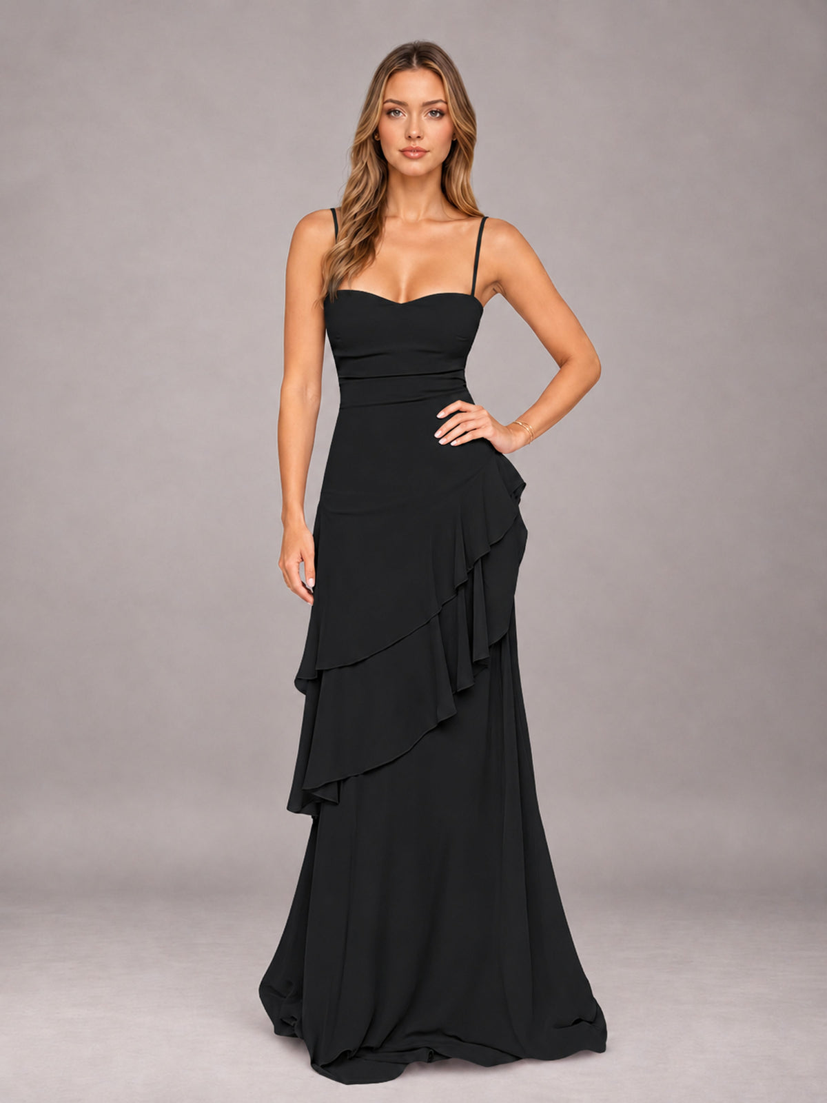 Black A-Line Spaghetti Strap Chiffon Floor Length Bridesmaid Dress