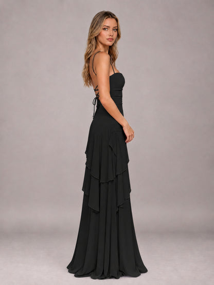 Black A-Line Spaghetti Strap Chiffon Floor Length Bridesmaid Dress