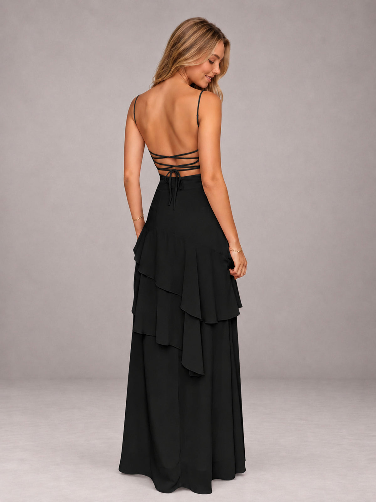 Black A-Line Spaghetti Strap Chiffon Floor Length Bridesmaid Dress